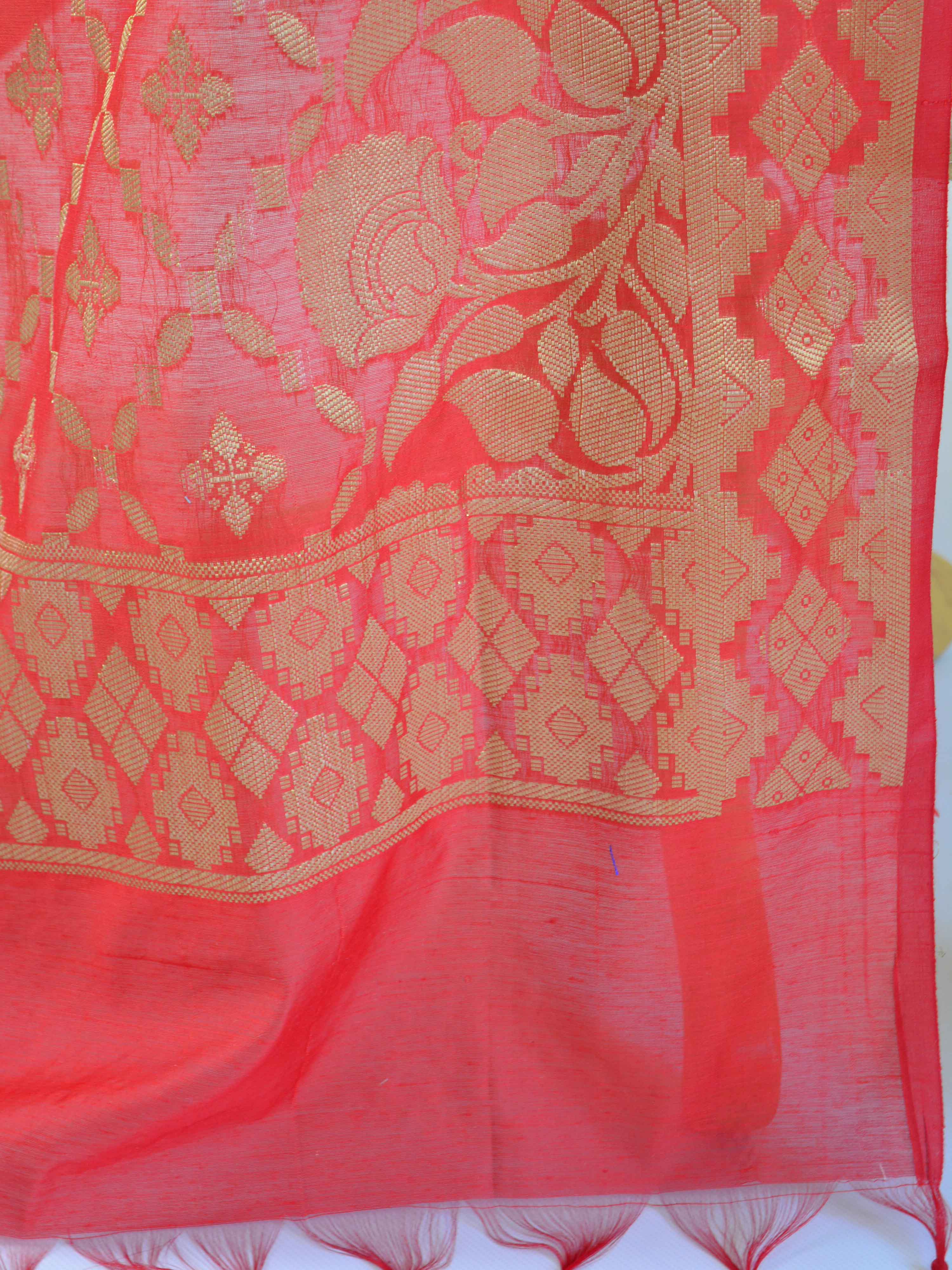 Banarasee Chanderi Cotton Dupatta With Floral Border Design-Red