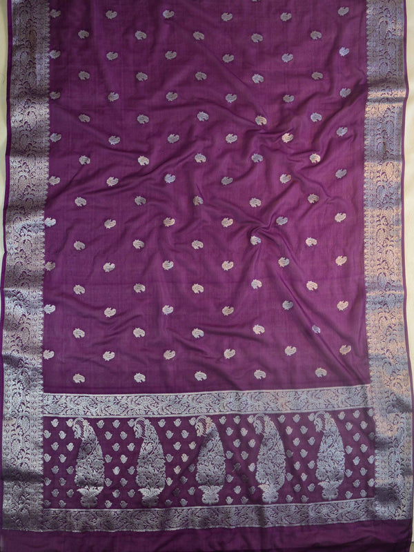 Banarasee Handwoven Semi-Chiffon Saree With Silver Zari & Contrast Blouse-Violet