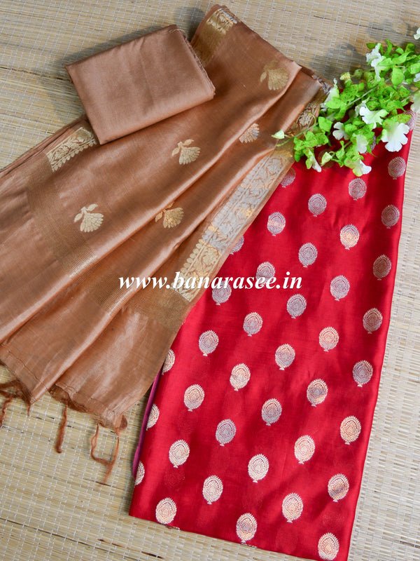 Banarasee Handloom Pure Silk Zari Buti Salwar Kameez Fabric With Dupatta-Red & Brown