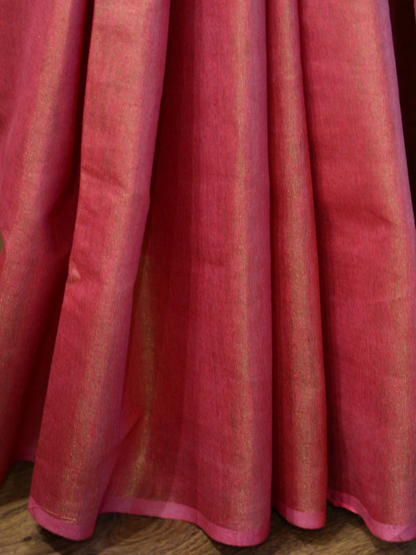 Banarasee Handloom Pure Linen By Tissue Metallic Shine Saree-Pink
