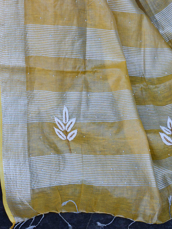 Banarasee Handloom Pure Linen By Tissue Saree With Pearl Embroidery-Yellow