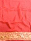 Banarasee Pure Khaddi Chiffon Silk Sari With Jaal Design & Contrast Border-Vermillion Red