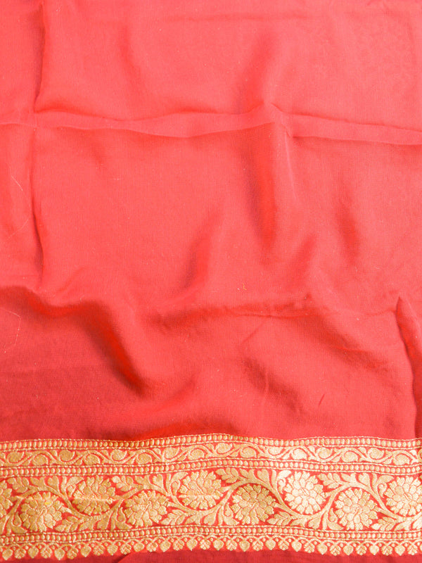Banarasee Pure Khaddi Chiffon Silk Sari With Jaal Design & Contrast Border-Vermillion Red