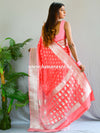 Banarasee Handwoven Faux Georgette Saree With Silver Zari Buta & Dual Color Design-Peach