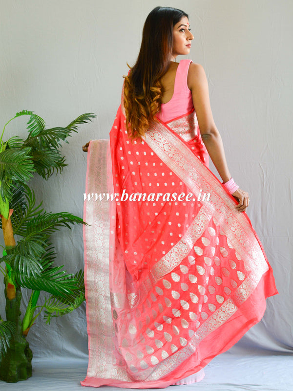 Banarasee Handwoven Faux Georgette Saree With Silver Zari Buta & Dual Color Design-Peach