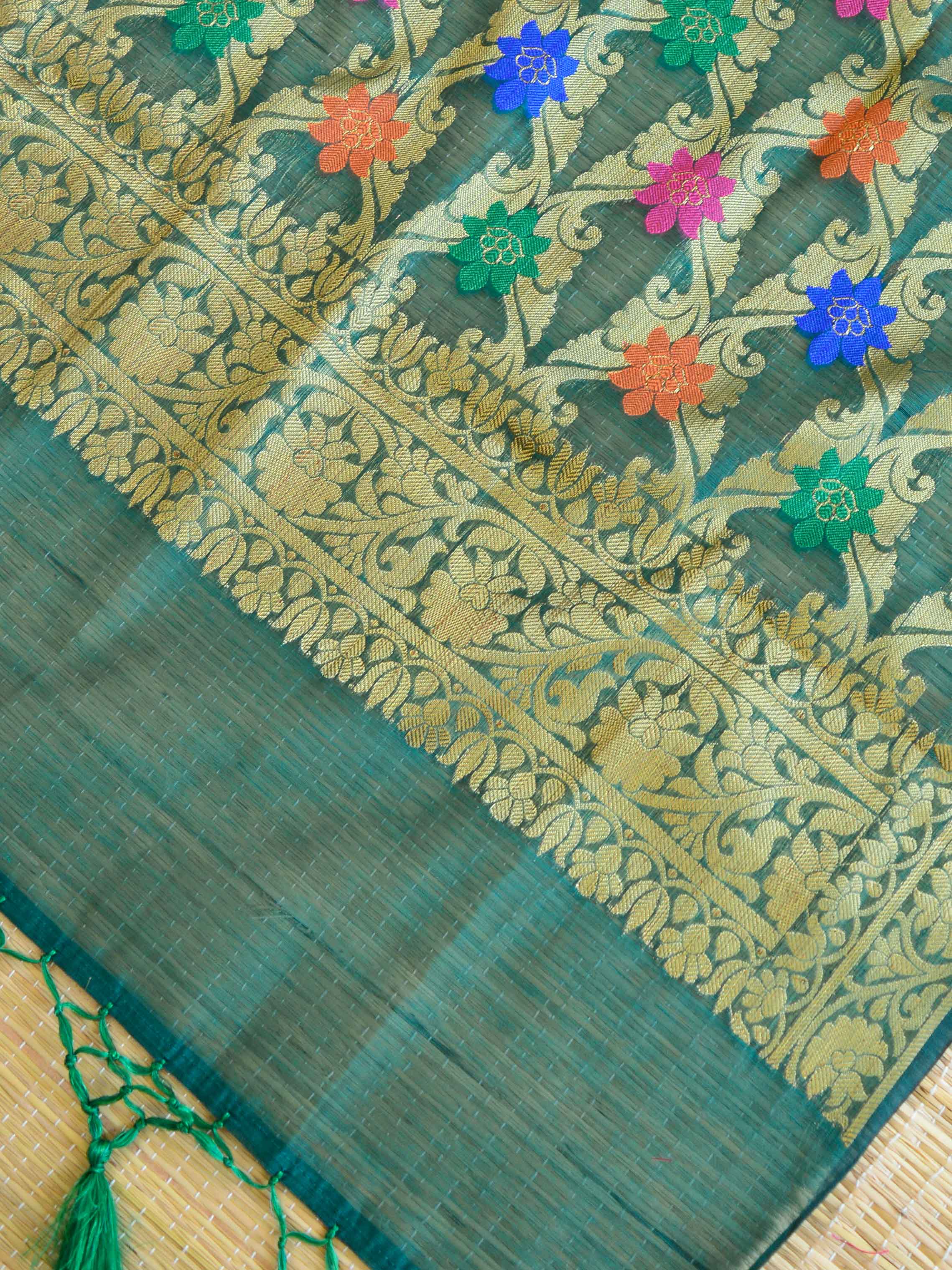 Banarasee Tissue Salwar Kameez Fabric With Contrast Silk Dupatta-Gold & Green