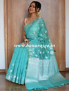 Banarasee Handwoven Cotton Silk With Silver Zari Buti & Border-Sea Green