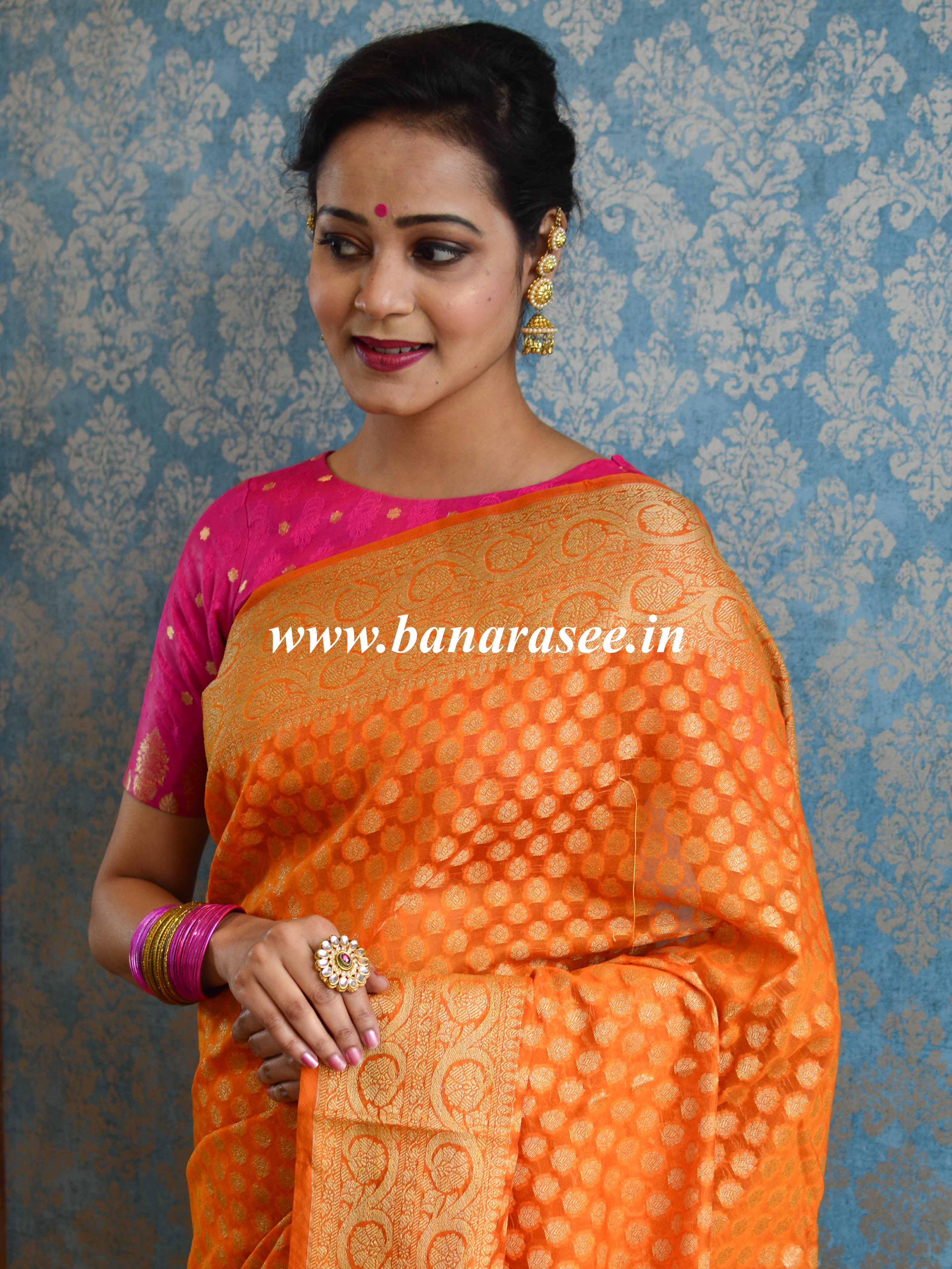 Banarasee Handwoven Semi-Chiffon Saree With Floral Border & Buta-Orange