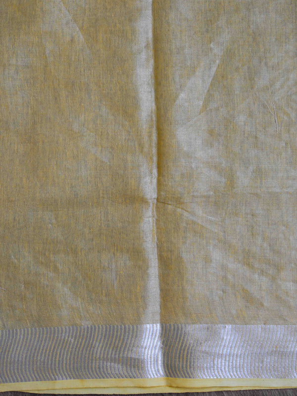 Banarasee Handloom Pure Linen By Tissue Saree With Pearl Embroidery-Yellow
