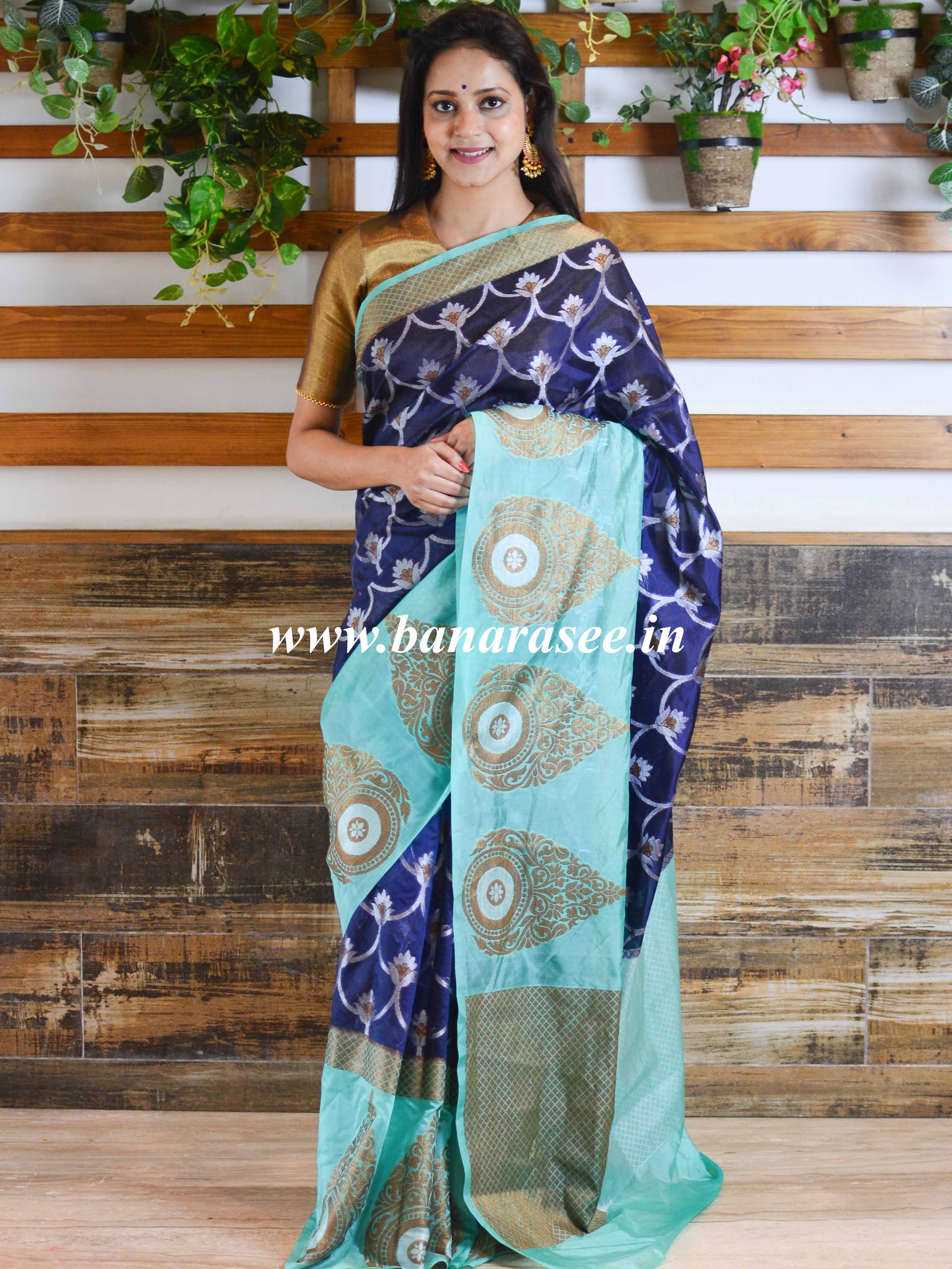 Banarasee Handwoven Semi Silk Saree With Sona Rupa Zari Design-Blue & Green