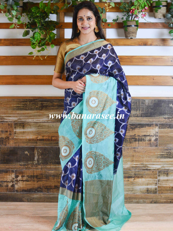 Banarasee Handwoven Semi Silk Saree With Sona Rupa Zari Design-Blue & Green