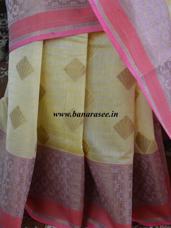 Banarasee Handloom Cotton Silk Mix Saree With Red Resham Border-Yellow