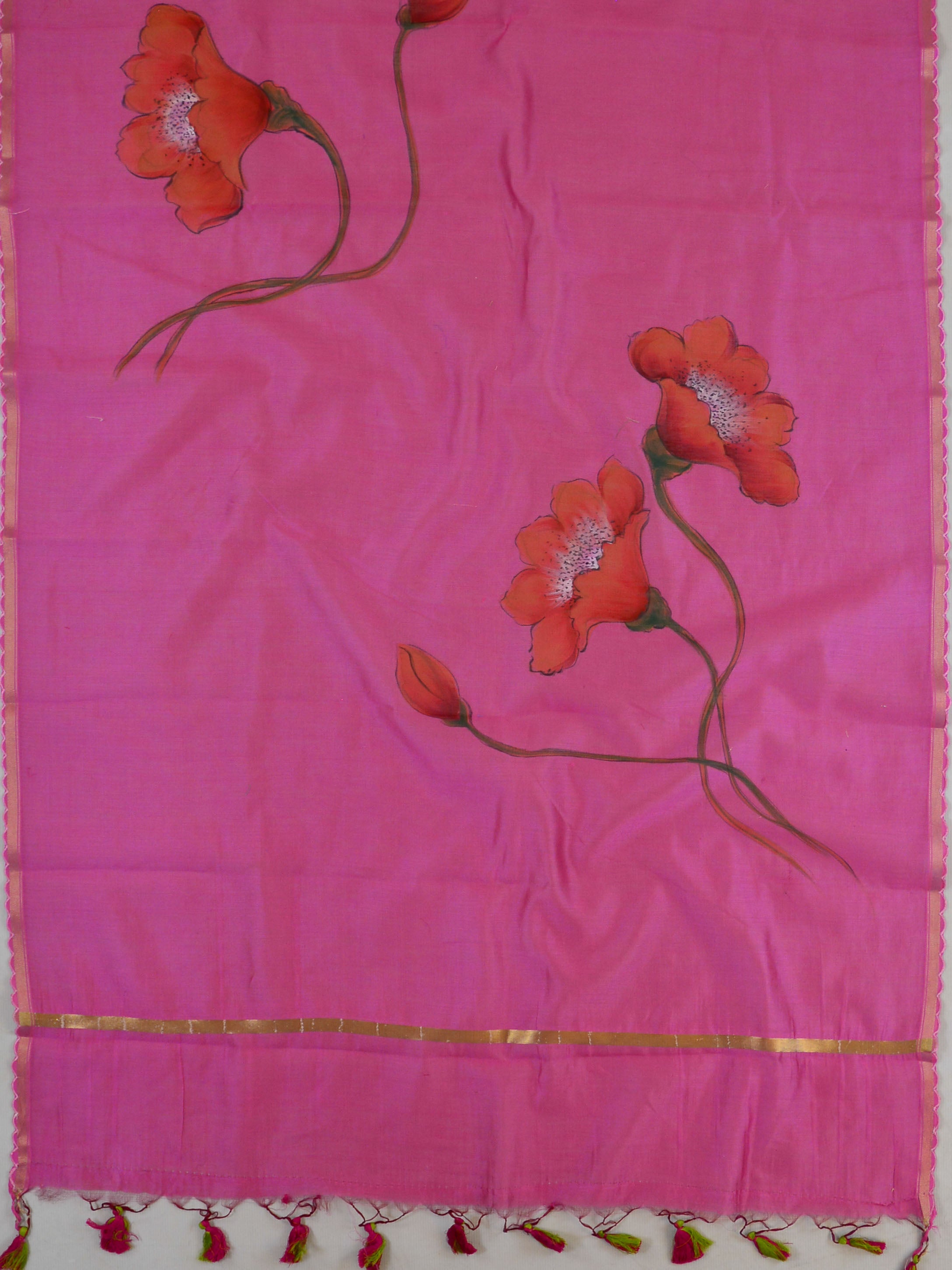 Banarasee Pure Handloom Chanderi Hand Painted Dupatta-Pink