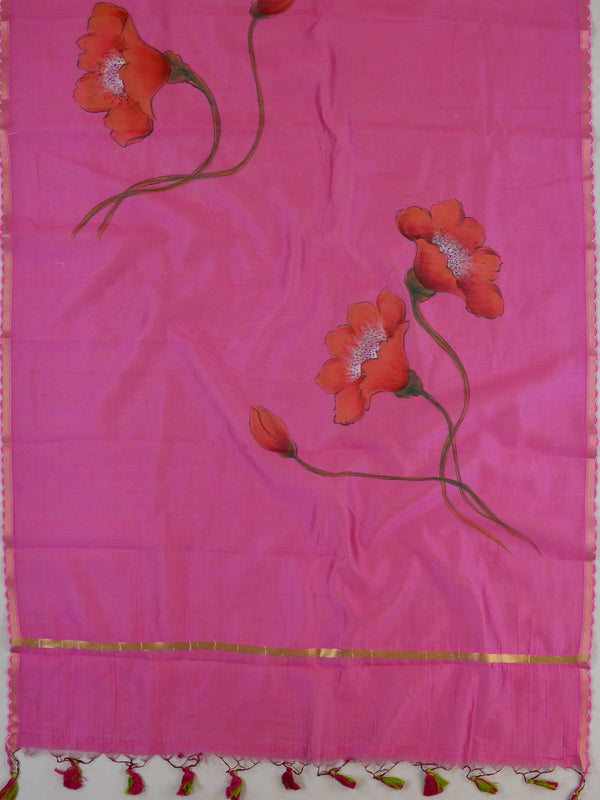 Banarasee Pure Handloom Chanderi Hand Painted Dupatta-Pink