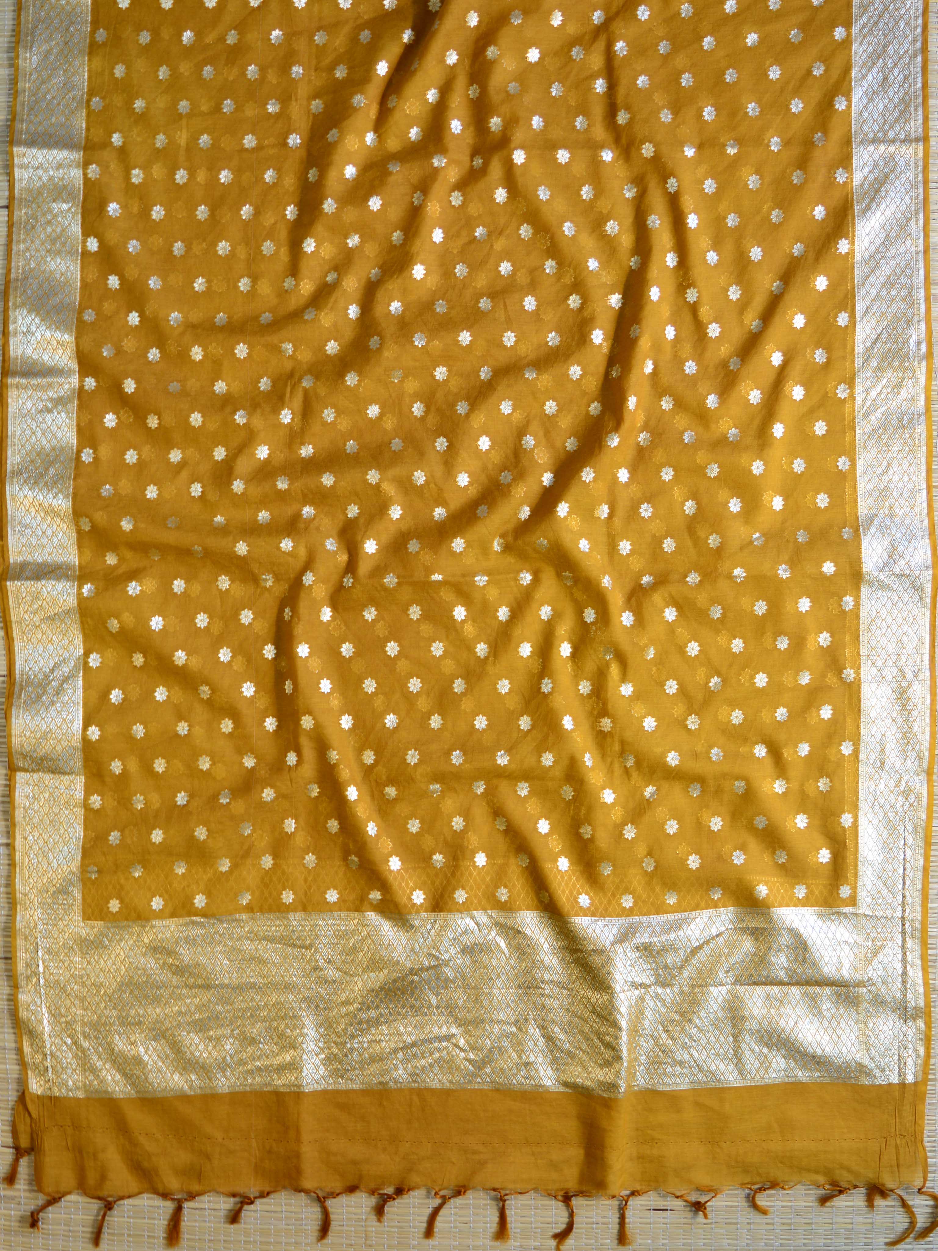 Banarasee Handloom Chanderi Cotton Zari Work Salwar Kameez Dupatta Set-Mustard Yellow