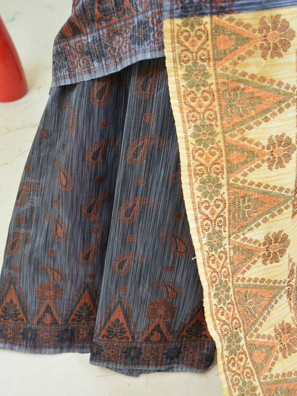 Banarasee Art Silk Saree With Floral Woven Design Contrast Beige Pallu-Grey