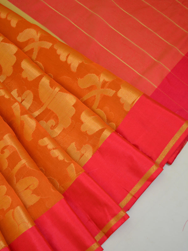 Banarasee Organza Mix Saree With Zari Jaal & Satin Border-Orange