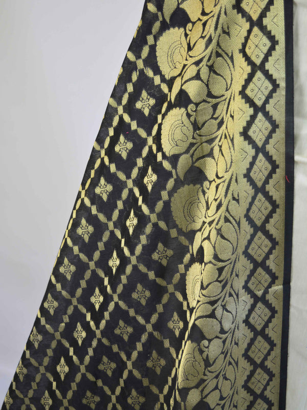 Banarasee Chanderi Cotton Dupatta With Floral Border Design-Black