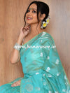 Banarasee Handwoven Cotton Silk With Silver Zari Buti & Border-Sea Green