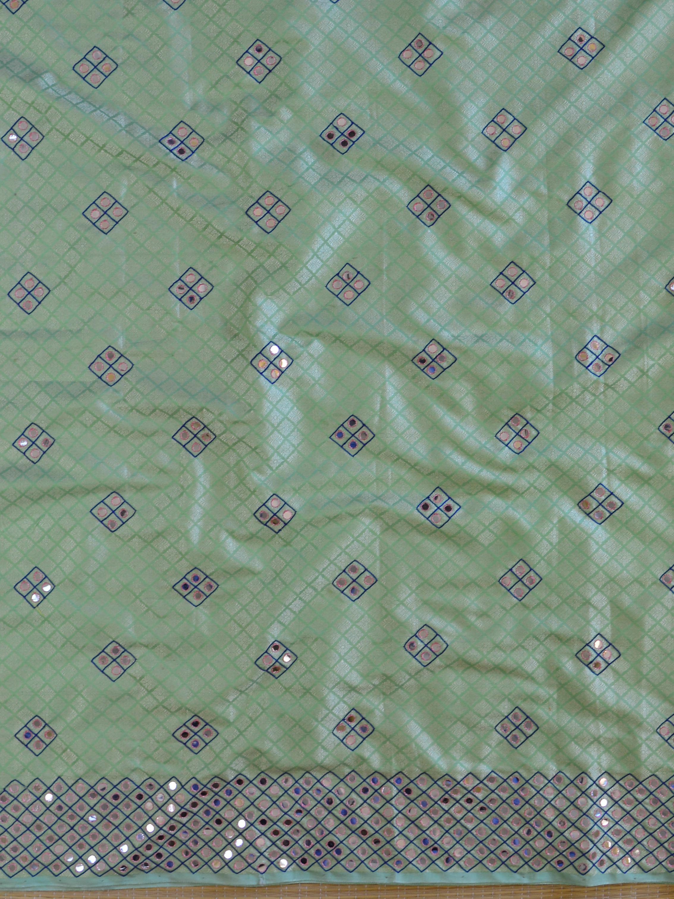 Banarasee Brocade Salwar Kameez Fabric With Mirror Work-Green & Pink