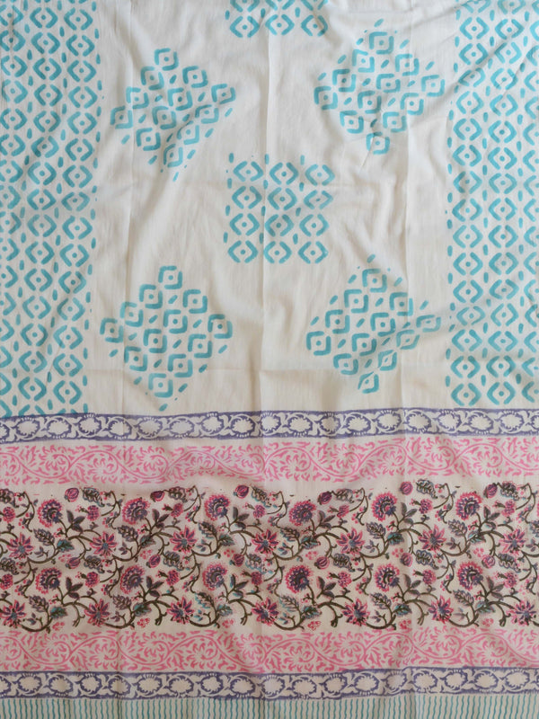 Handloom Mul Cotton Block Print Suit Set-White