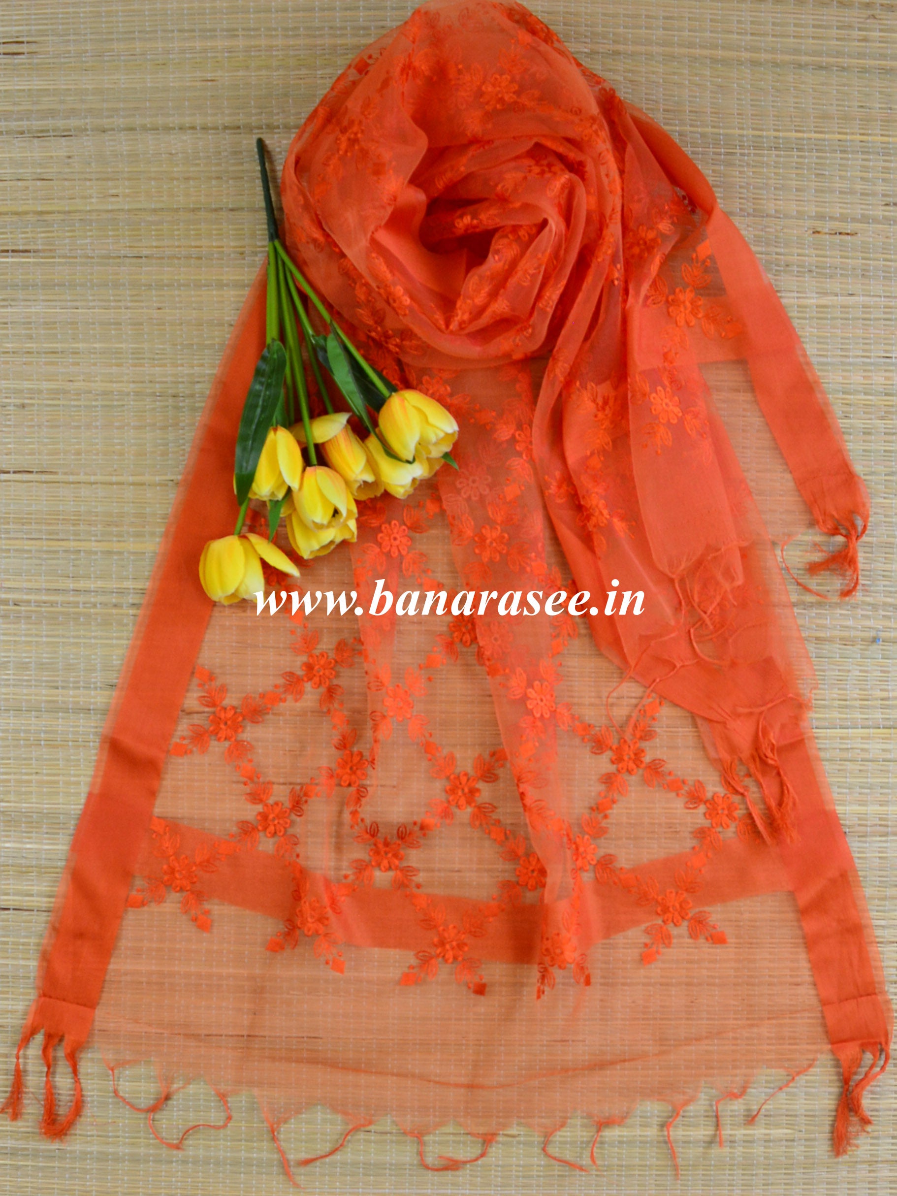 Banarasee Embroidered Resham Jaal Design Organza Dupatta-Orange