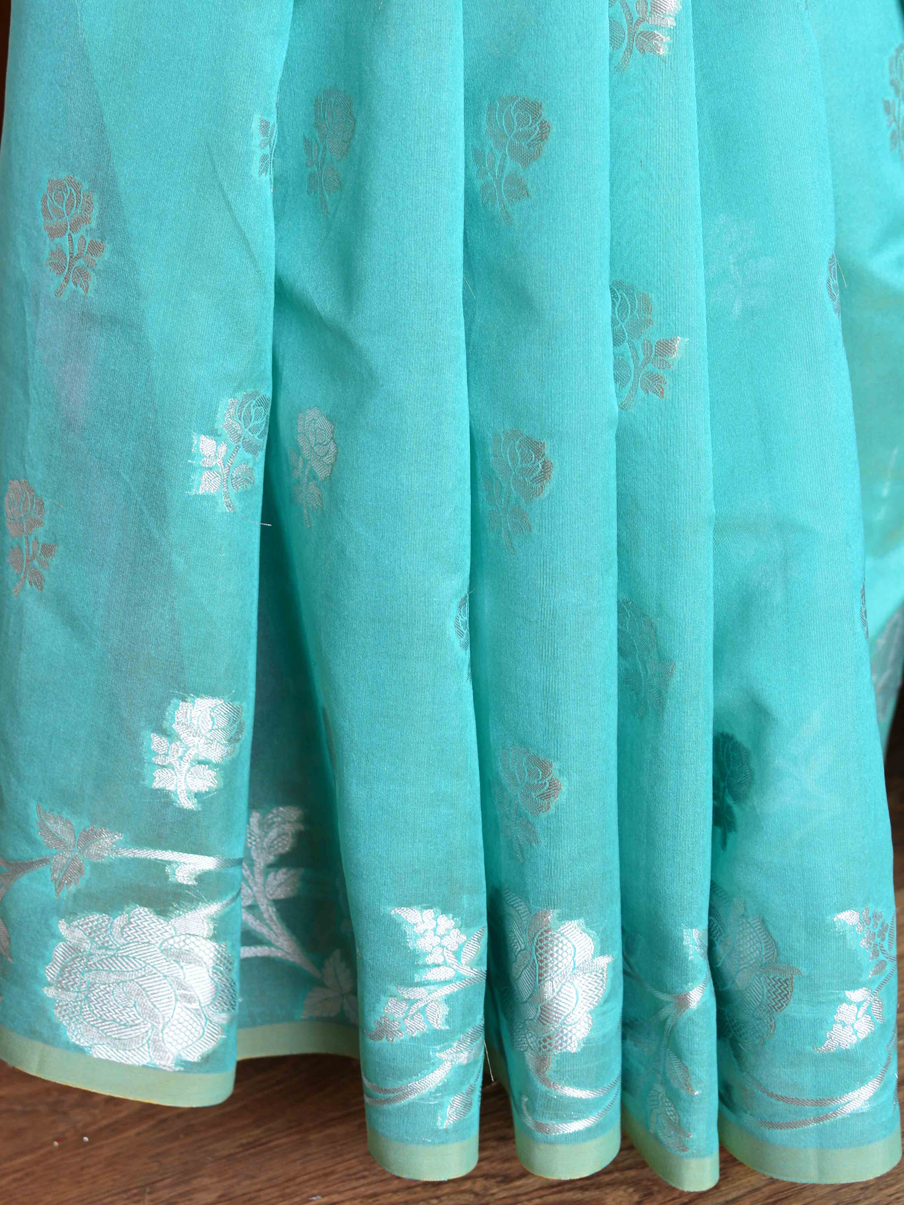 Banarasee Handwoven Cotton Silk With Silver Zari Buti & Border-Sea Green