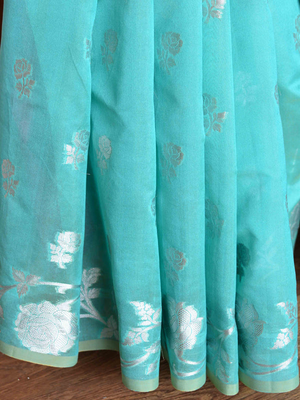 Banarasee Handwoven Cotton Silk With Silver Zari Buti & Border-Sea Green