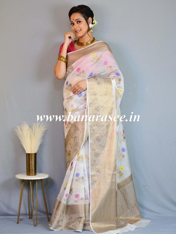 Banarasee Handwoven Semi-Chiffon Saree With Antique Gold Zari & Meena Work-White