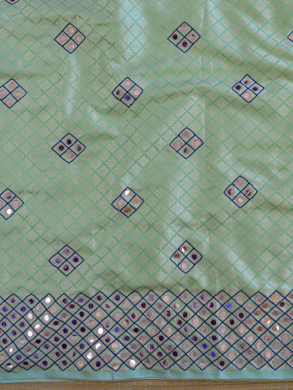 Banarasee Brocade Salwar Kameez Fabric With Mirror Work-Green & Pink