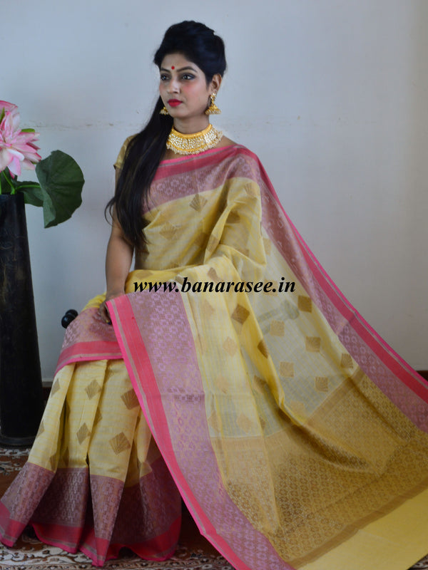 Banarasee Handloom Cotton Silk Mix Saree With Red Resham Border-Yellow
