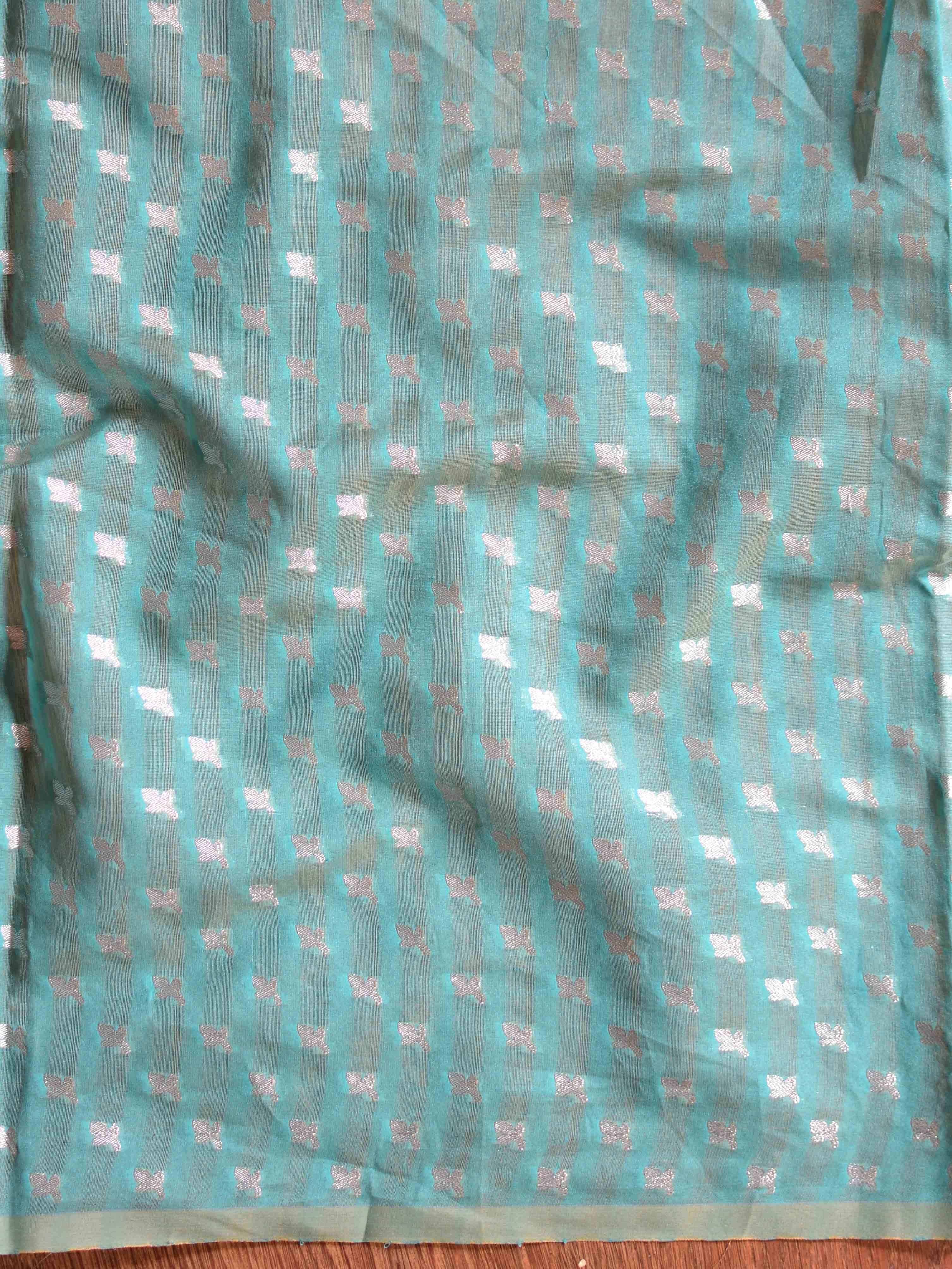 Banarasee Handwoven Cotton Silk With Silver Zari Buti & Border-Sea Green