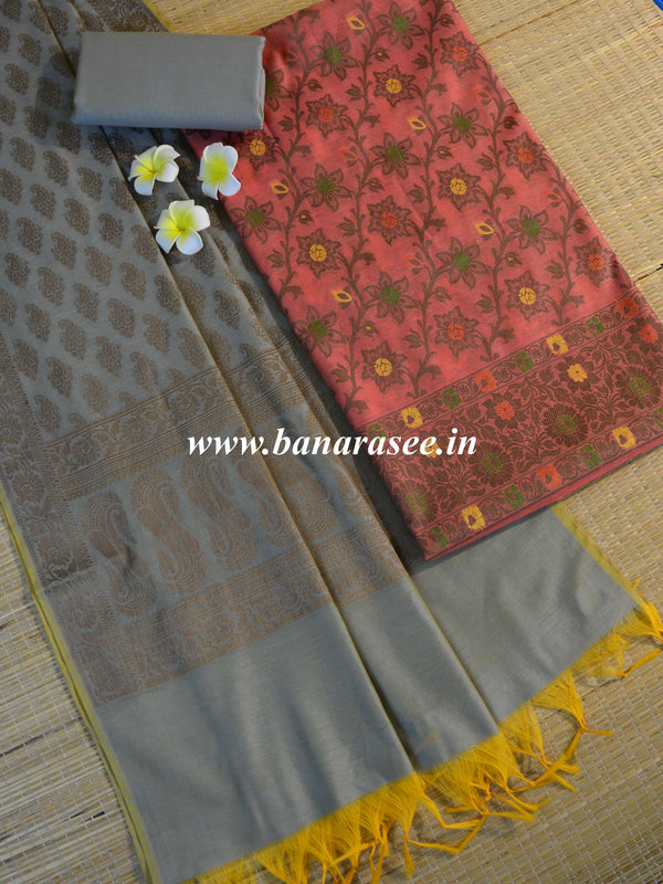 Banarasee Salwar Kameez Cotton Silk Resham Buti Woven Fabric-Peach & Grey