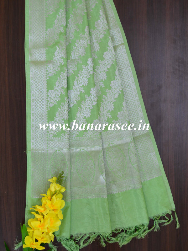 Banarasee Art Silk Dupatta Floral Stripes Design-Light Green