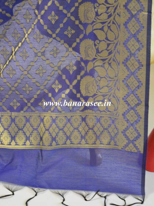 Banarasee Chanderi Cotton Dupatta With Floral Border Design-Blue