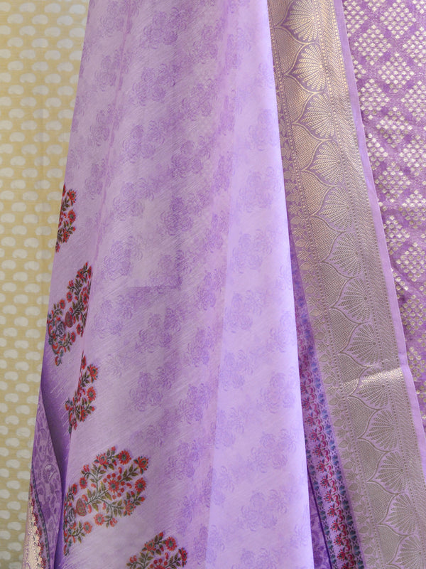 Banarasee Chanderi Cotton  Kameez Zari Buti Fabric With Digital Print Dupatta-Purple