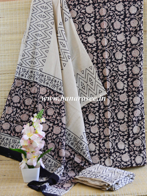 Handloom Mul Cotton Handblock Printed Suit Set-Beige