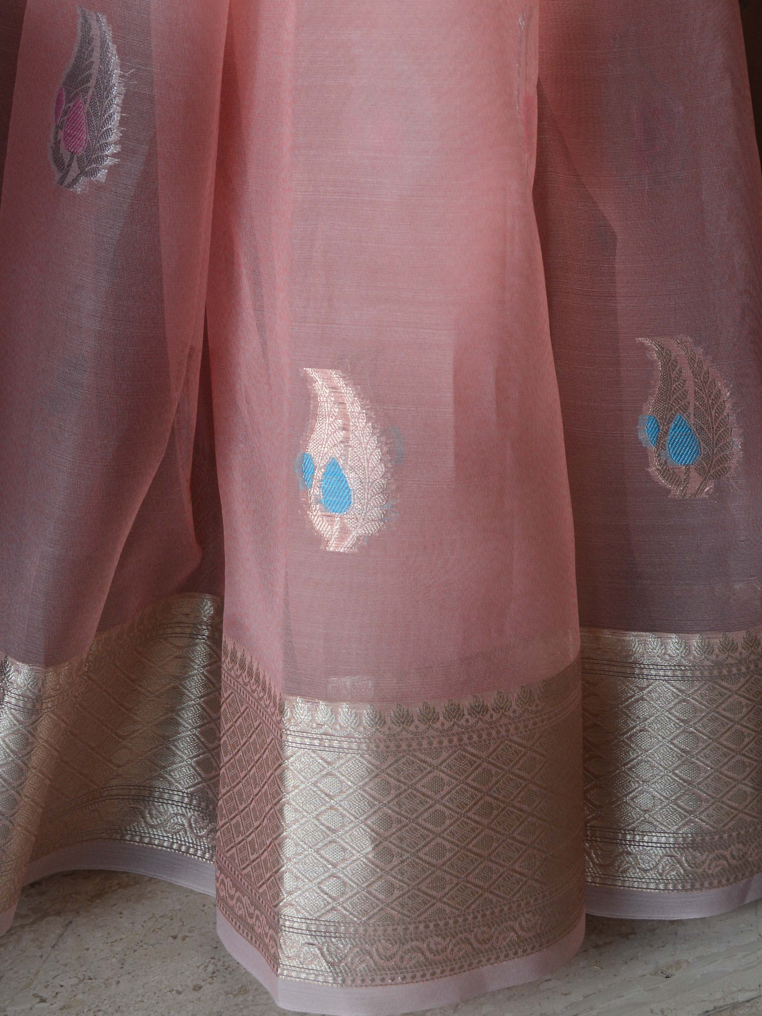 Banarasee Organza Mix Saree With Buti Design & Zari Border-Peach