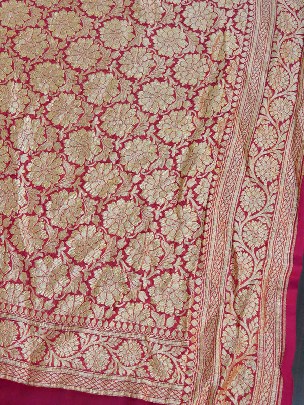 Banarasee Pure Khaddi Chiffon Silk Sari With Small Buti Design & Contrast Floral Border-Blush Pink & Red