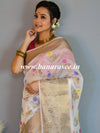 Banarasee Handwoven Semi-Chiffon Saree With Antique Gold Zari & Meena Work-White