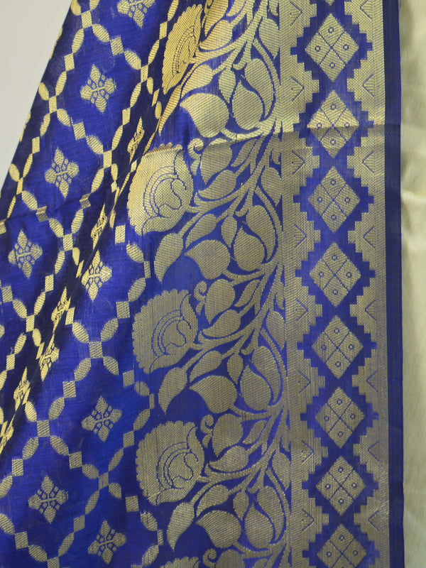 Banarasee Chanderi Cotton Dupatta With Floral Border Design-Blue