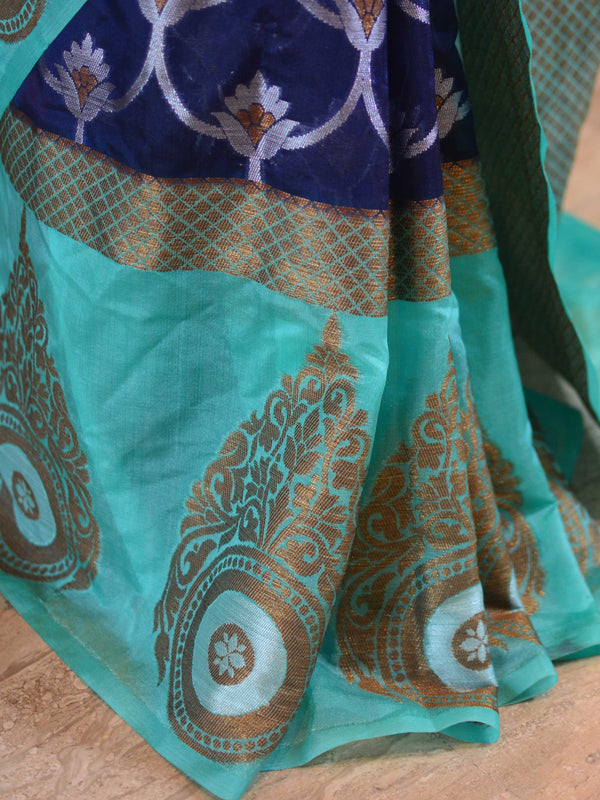 Banarasee Handwoven Semi Silk Saree With Sona Rupa Zari Design-Blue & Green