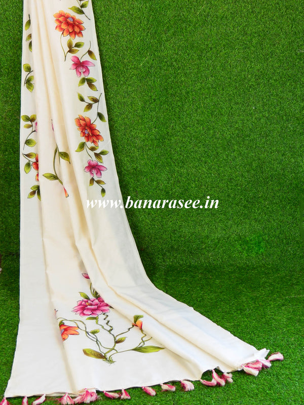 Banarasee Chanderi Handpainted Saree-White
