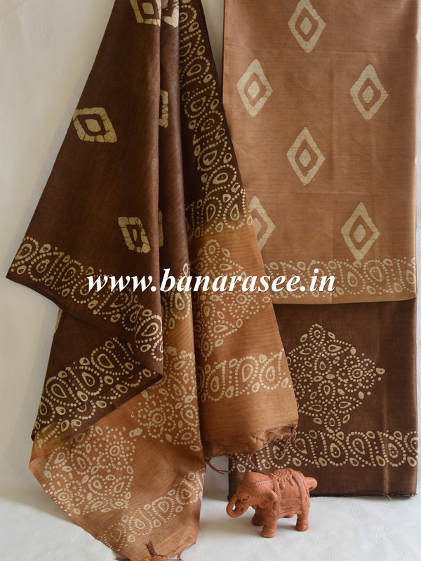 Pure Handloom Khadi Cotton Hand-Dyed Batik Pattern Salwar Kameez Dupatta Set-Brown
