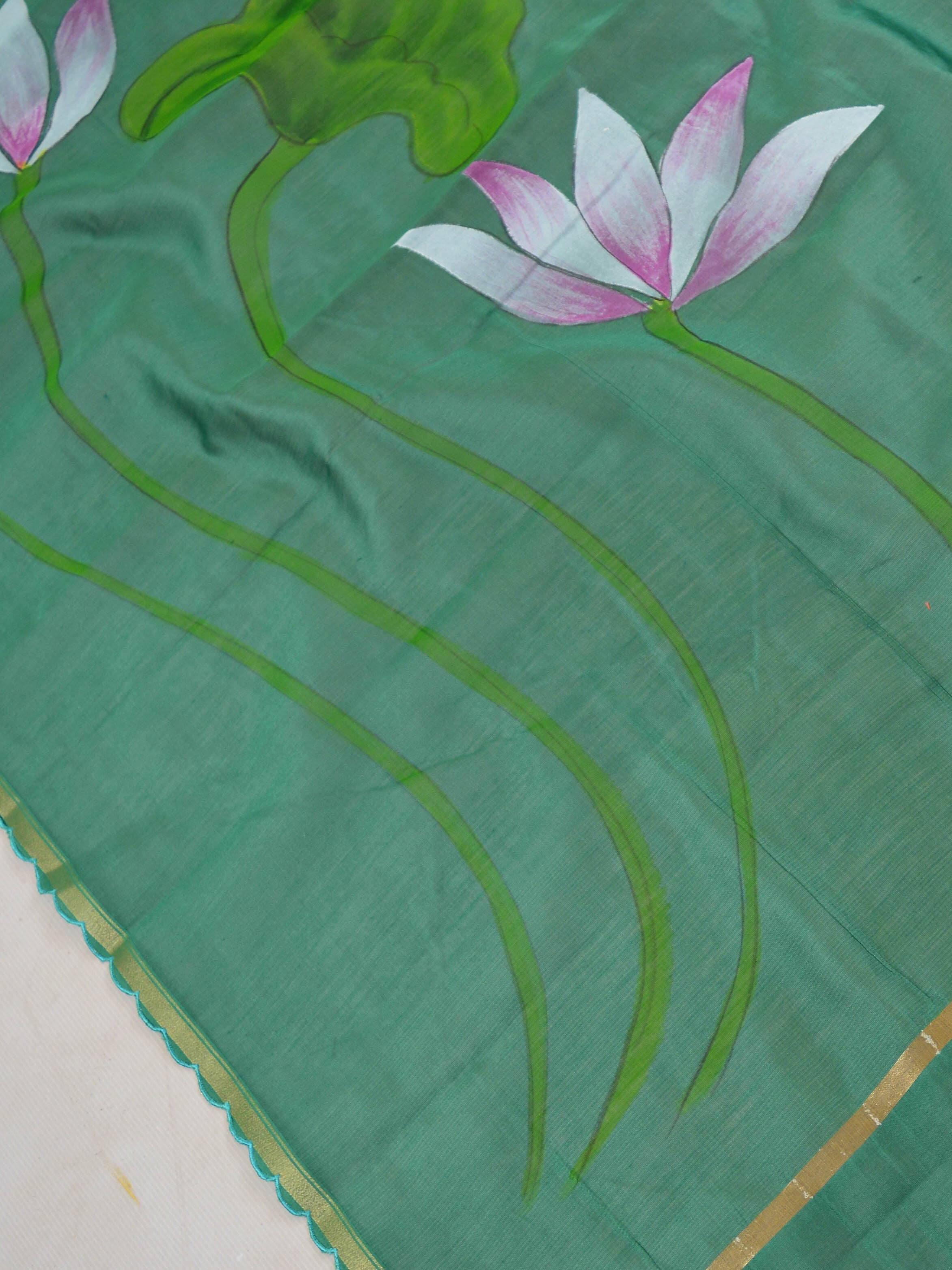 Banarasee Pure Handloom Chanderi Hand Painted Dupatta-Green
