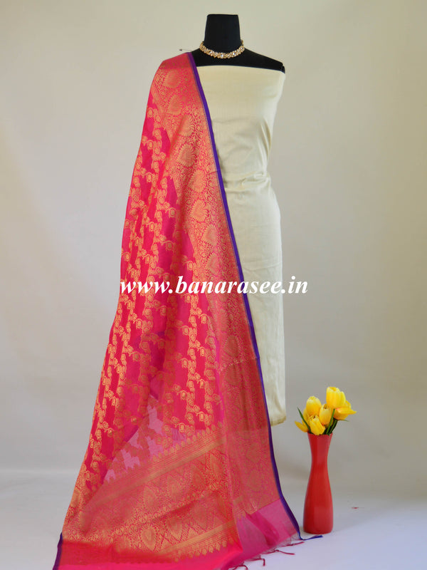 Banarasee Chanderi Cotton Dupatta With Copper Zari Design-Pink