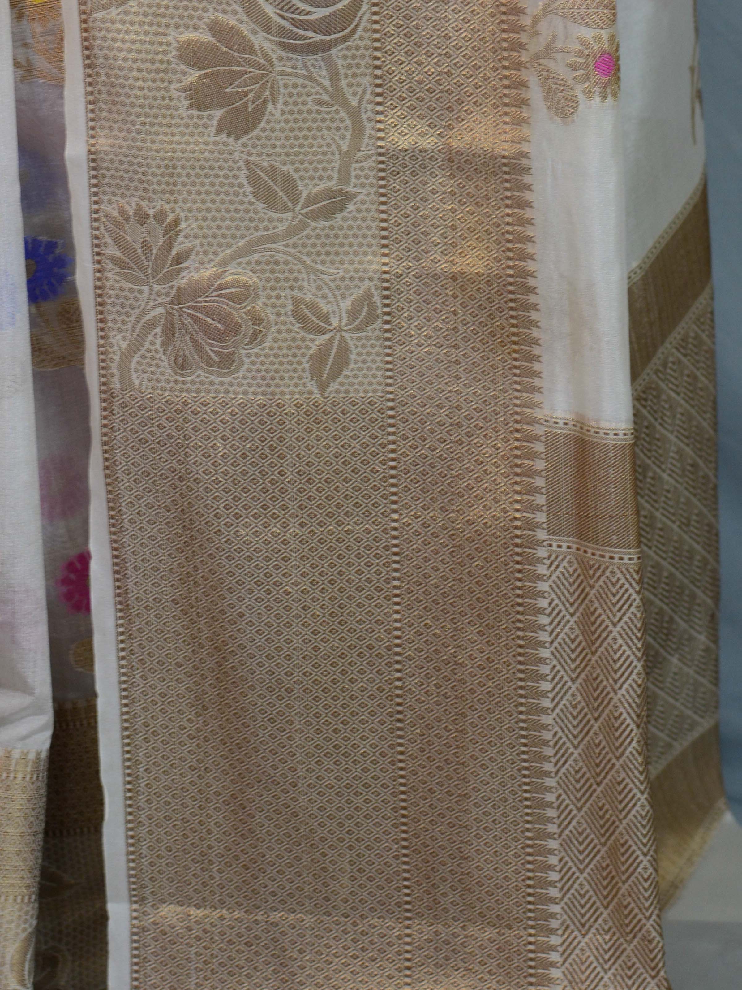 Banarasee Handwoven Semi-Chiffon Saree With Antique Gold Zari & Meena Work-White