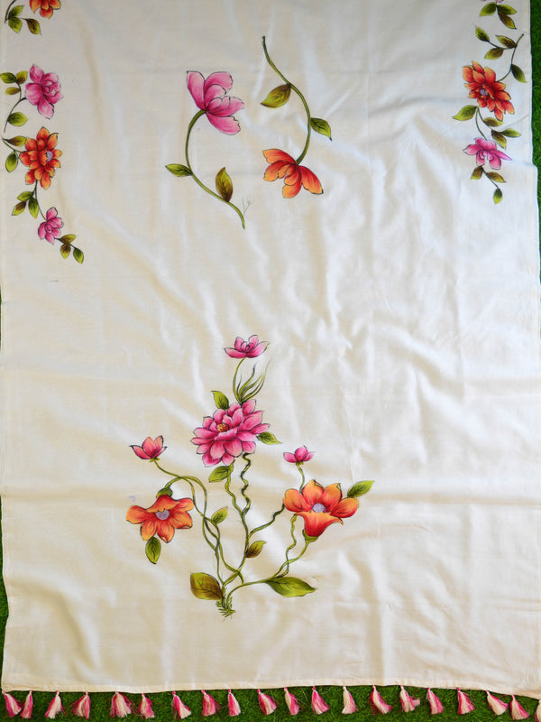 Banarasee Chanderi Handpainted Saree-White