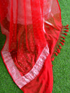 Banarasee Handwoven Pure Chiffon Dupatta Buti Design In Silver Zari-Red