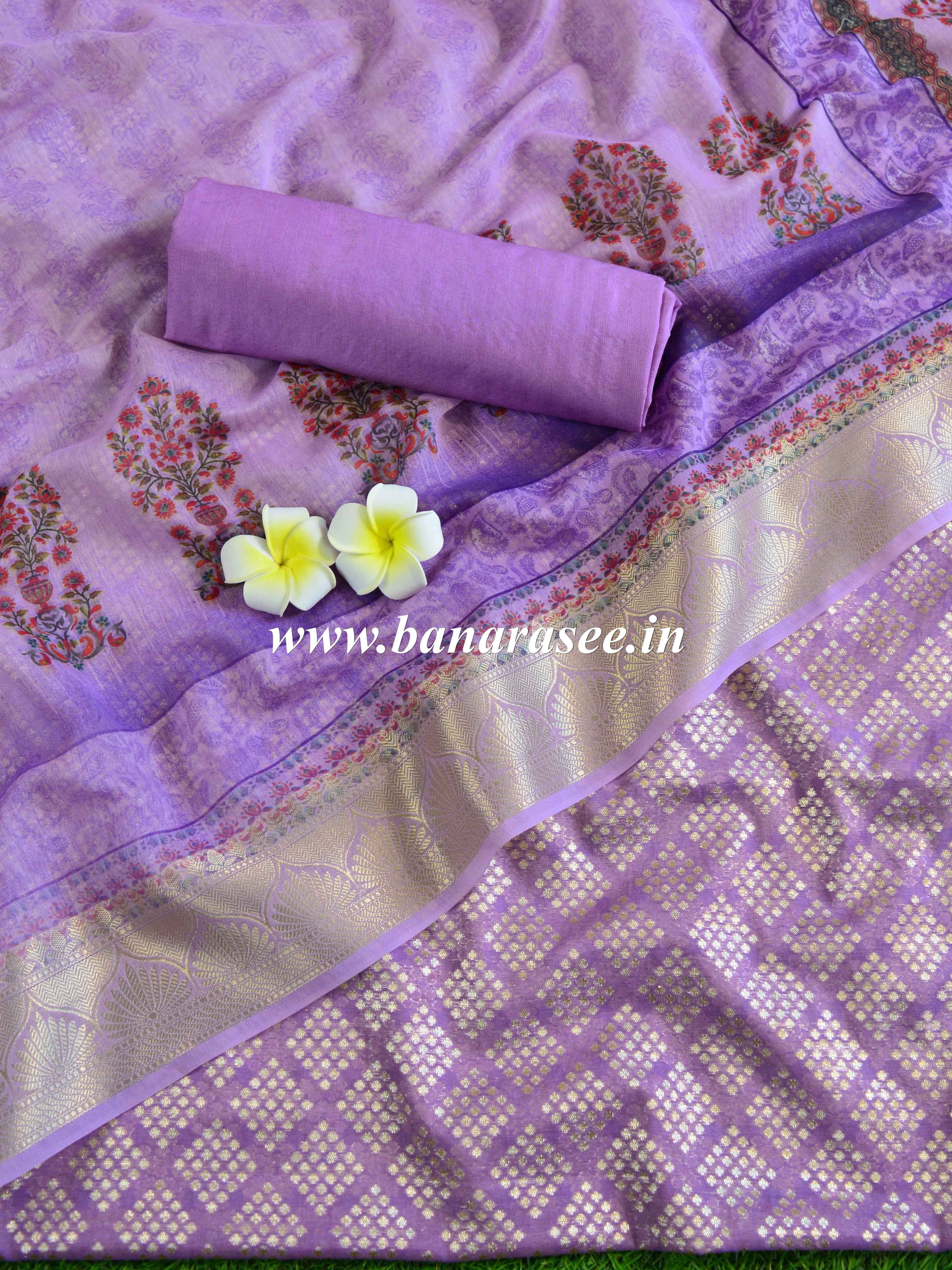 Banarasee Chanderi Cotton  Kameez Zari Buti Fabric With Digital Print Dupatta-Purple